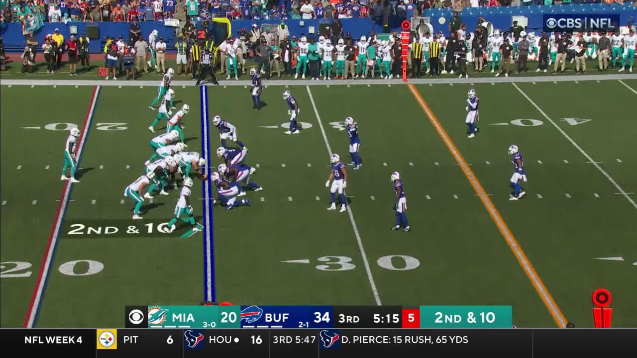 Miami Dolphins quarterback Tua Tagovailoa throws his first INT of game to  Buffalo Bills safetyy Micah Hyde for 23-yard return