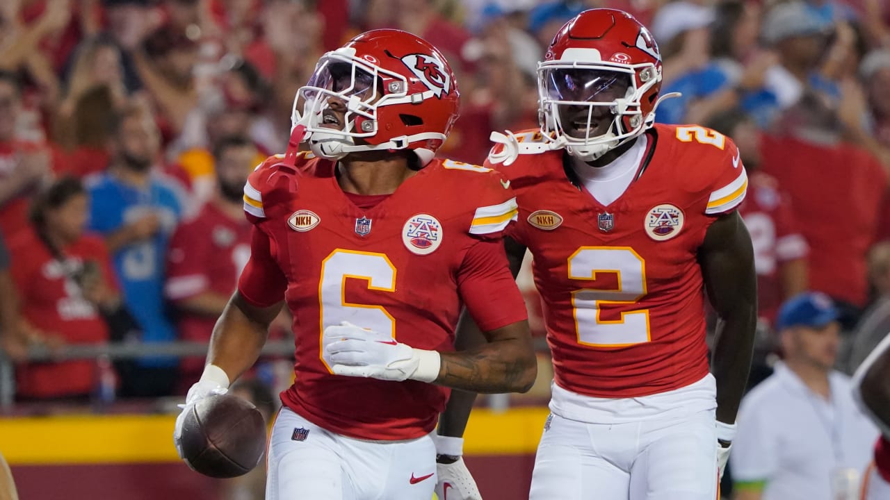 Kansas City Chiefs cornerback Trent McDuffie forces Detroit Lions wide  receiver Marvin Jones Jr. into a red-zone fumble recovered by Chiefs safety  Bryan Cook