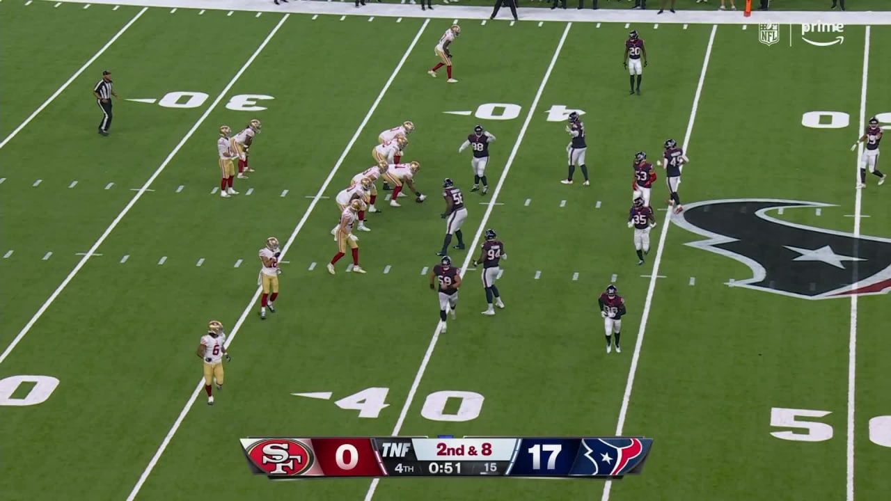 San Francisco 49ers quarterback Brock Purdy lobs alley-oop fade ball to  49ers wide receiver KeeSean Johnson for two-point conversion