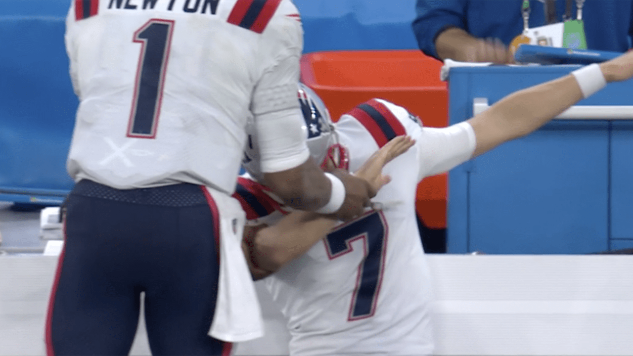 New England Patriots quarterback Cam Newton teaches Pats punter Jake Bailey  how to 'Dab' on the sideline