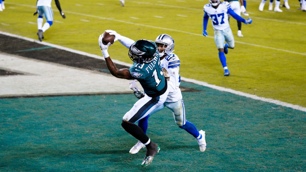 Philadelphia Eagles wide receiver Travis Fulgham (13) reacts after a 4-yard  touchdown reception during an NFL football game against the Pittsburgh  Steelers, Sunday, Oct. 11, 2020, in Pittsburgh. (AP Photo/Justin Berl Stock