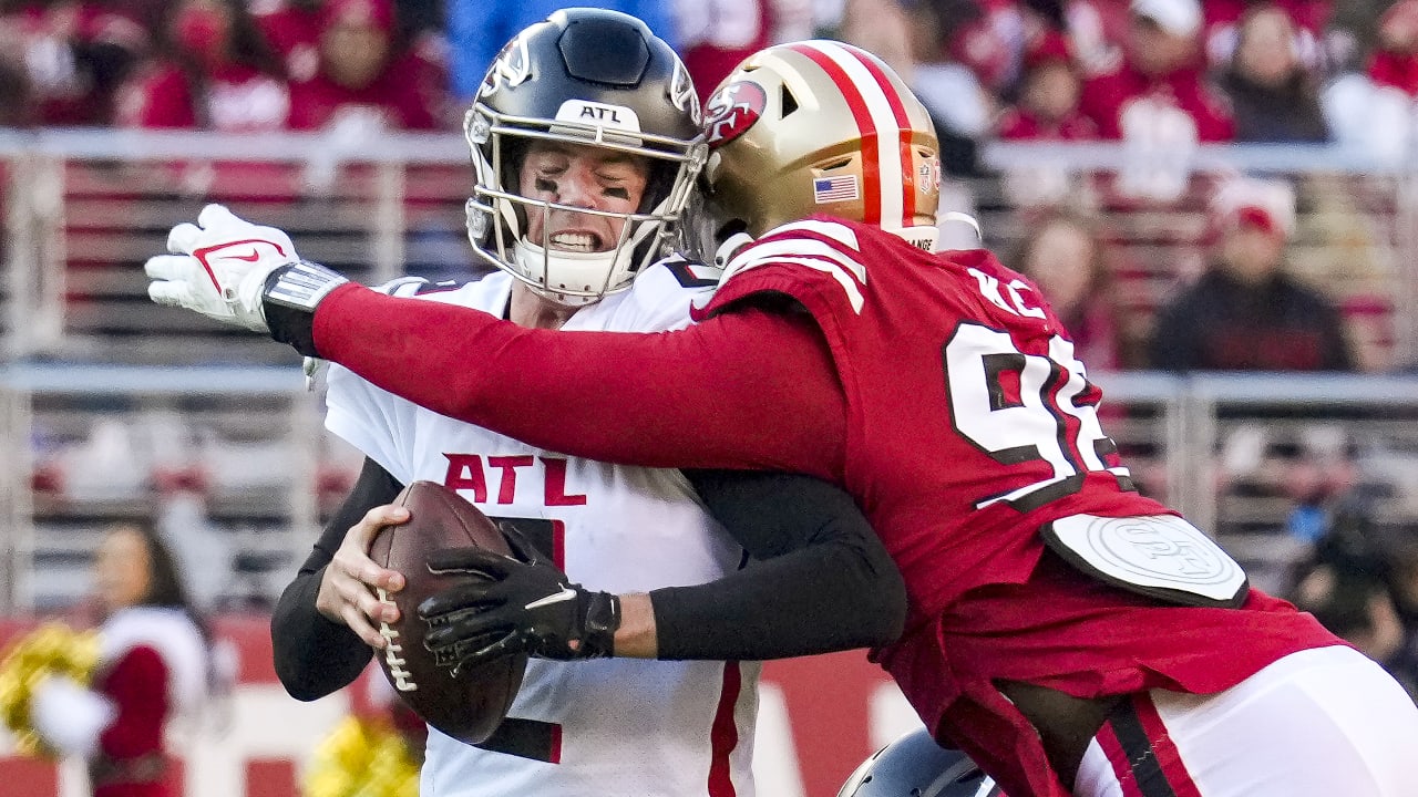 The San Francisco 49ers' airtight coverage gives 49ers defensive end Arden  Key time to pick up a third-down sack on Atlanta Falcons quarterback Matt  Ryan