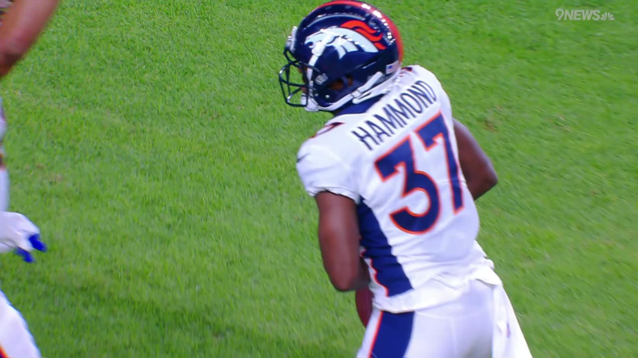 Denver Broncos wide receiver Josh Hammond (37) celebrates a touchdown  against the Los Angeles Rams with quarterback Ben DiNucci (6) during a  preseason NFL football game Saturday, Aug. 26, 2023, in Denver. (