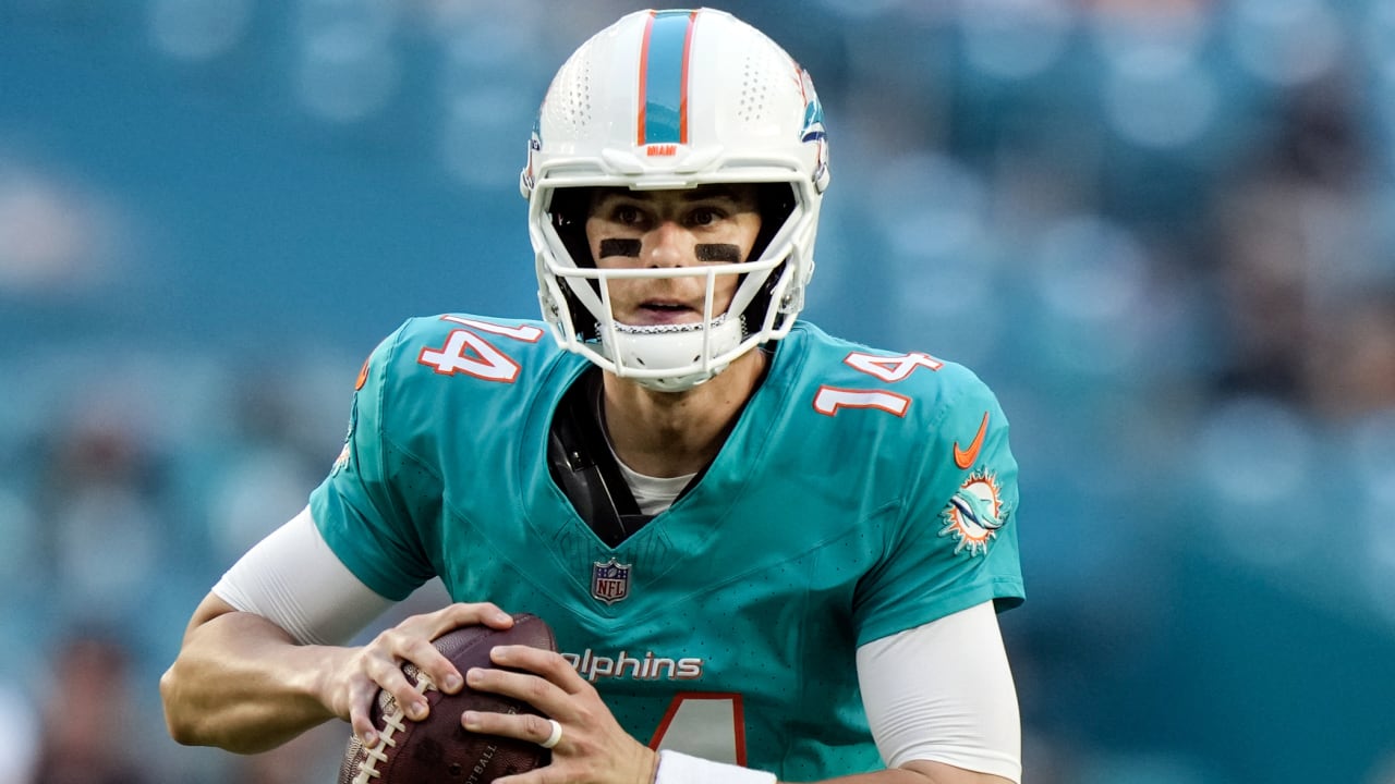 Miami Dolphins quarterback Mike White looks for an open receiver