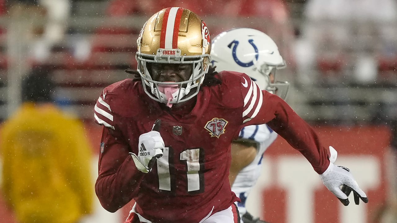 San Francisco 49ers wide receiver Brandon Aiyuk runs against the Los  Angeles Chargers during the first half of a preseason NFL football game  Friday, Aug. 25, 2023, in Santa Clara, Calif. (AP