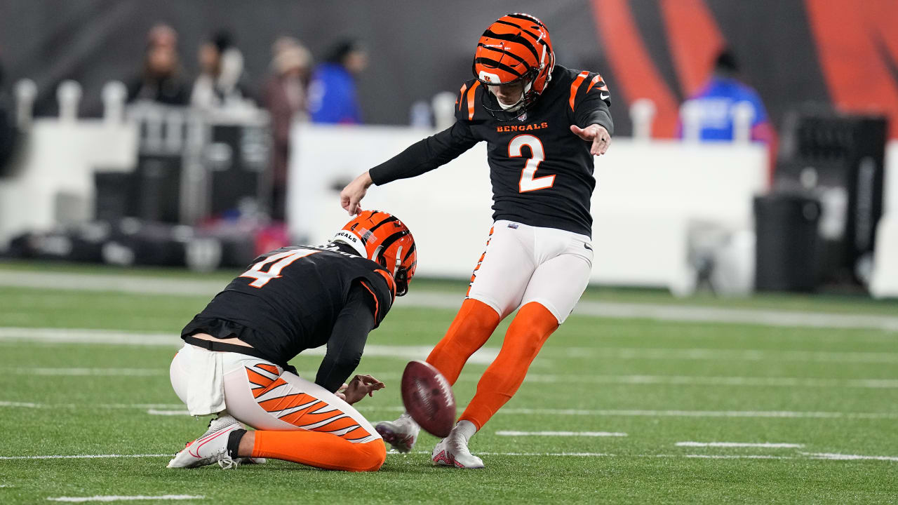 Cincinnati Bengals kicker Evan McPherson's first missed kick in the  postseason comes on an extra point against the Baltimore Ravens