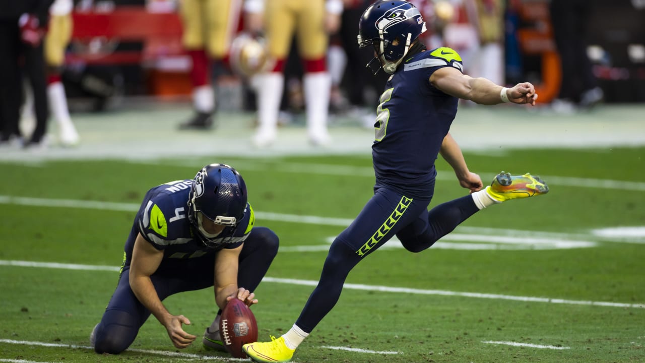 Seattle Seahawks kicker Jason Myers (5) warms up before an NFL