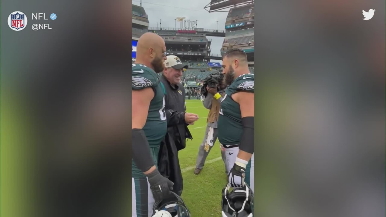 Eagles' Jason Kelce swaps jersey for Jaguars' Doug Pederson's jacket