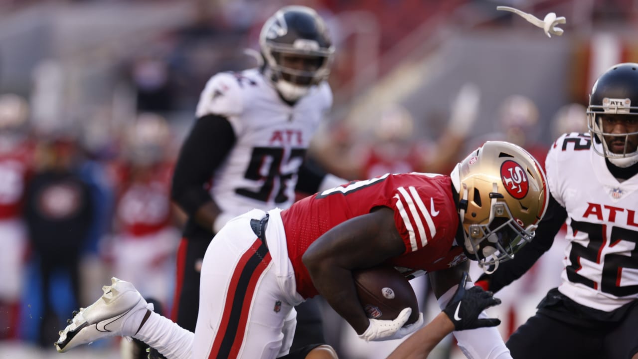 Watch: Deebo Samuel hit sends defender's mouthpiece flying vs. Falcons –  Bay Area Sports Hub