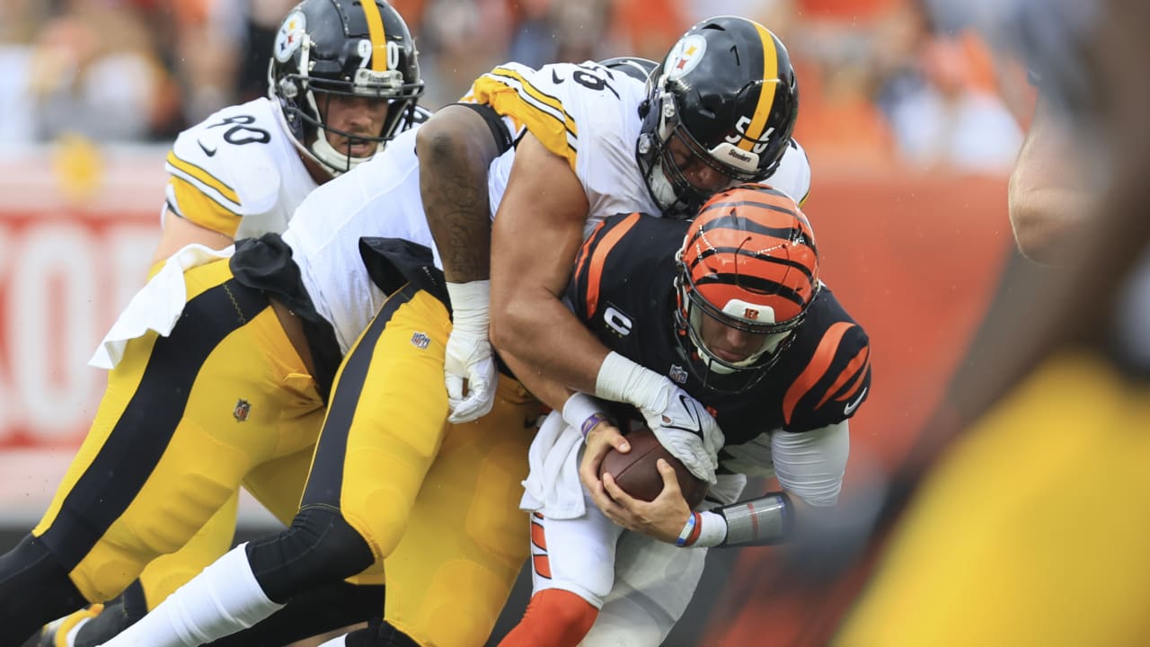 November 28, 2021: Pittsburgh Steelers outside linebacker Alex Highsmith  (56) interception attempt at the NFL football game between the Pittsburgh  Steelers and the Cincinnati Bengals at Paul Brown Stadium in Cincinnati,  Ohio.