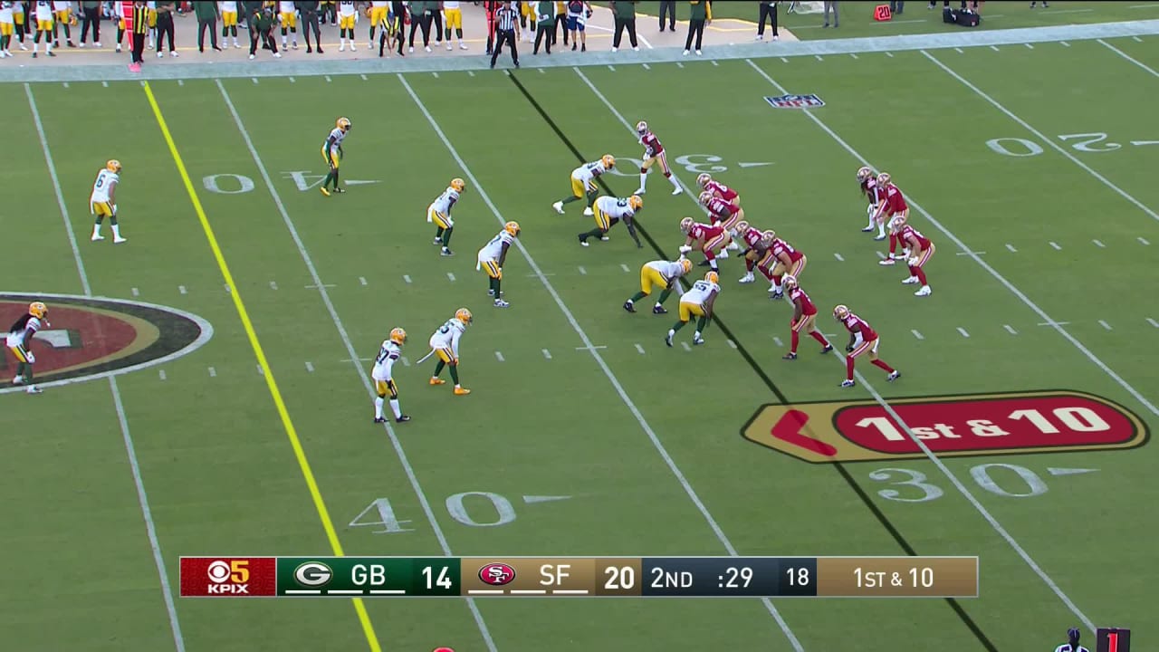 Green Bay Packers linebacker Kobe Jones brings down San Francisco 49ers  quarterback Nate Sudfeld for 3-yard sack