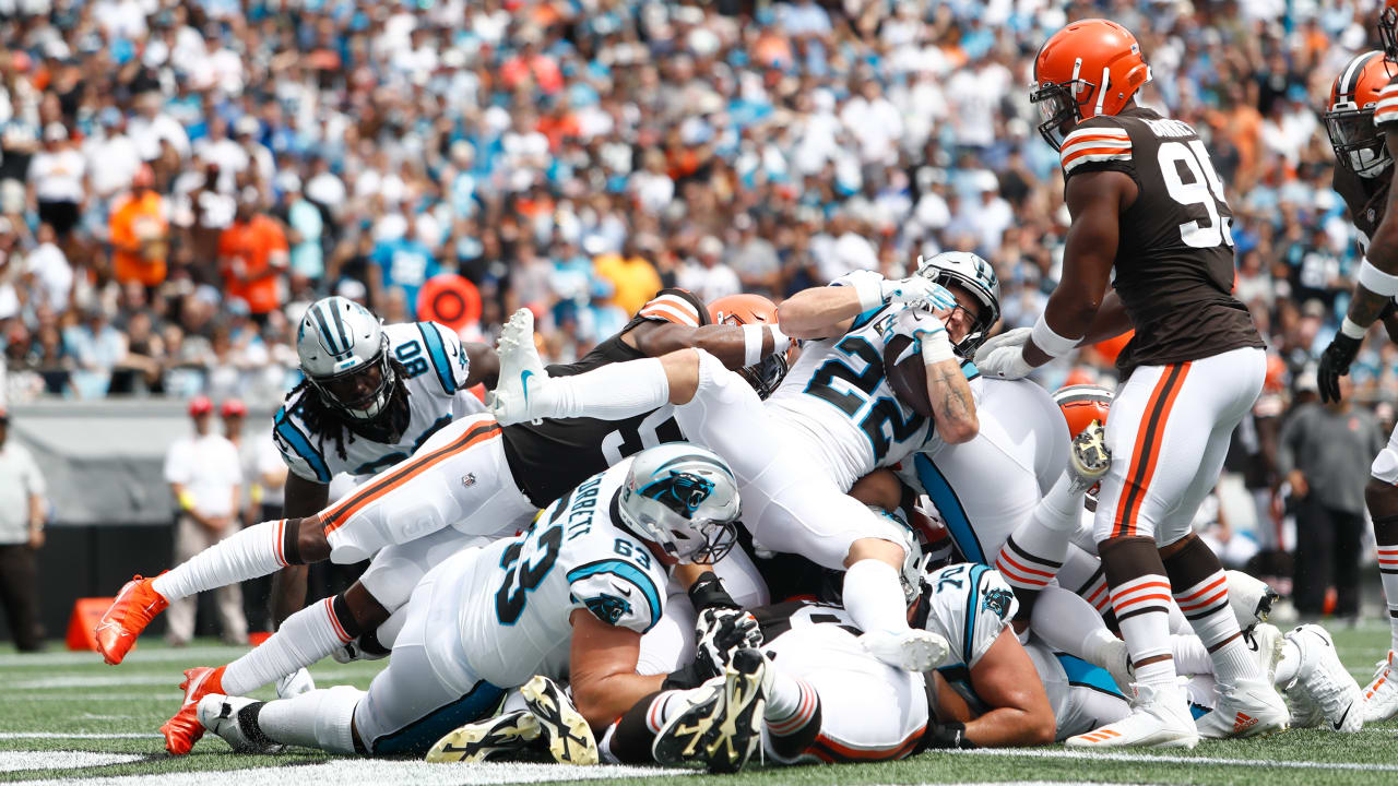 Carolina Panthers running back Christian McCaffrey goes airborne for