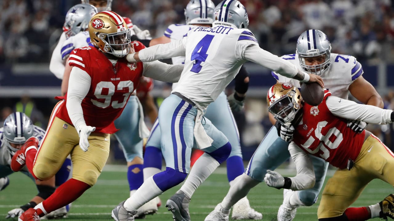 San Francisco 49ers all-out blitz flusters Dallas Cowboys quarterback Dak  Prescott into fourth-down incompletion