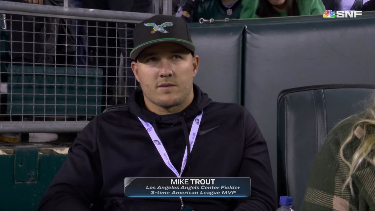 Los Angeles Angels center fielder and diehard Eagles fan Mike Trout takes  in the Eagles' 'Sunday Night Football' game against the Dallas Cowboys in  Week 6 of the 2022 NFL regular season