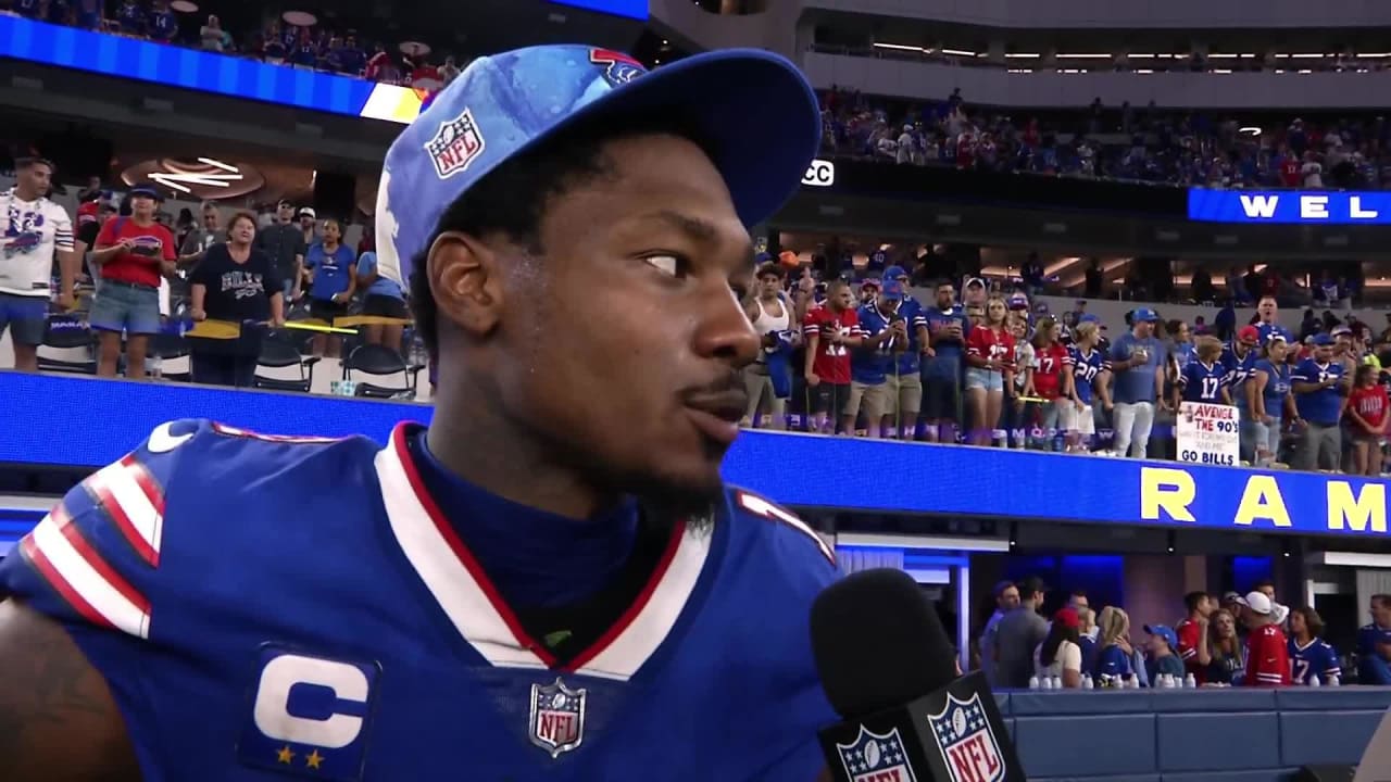 Inglewood, United States. 08th Sep, 2022. Buffalo Bills wide receiver  Stefon Diggs (14) has words with Los Angeles Rams cornerback Jalen Ramsey  (5) after scoring a touchdown during a NFL game, Thursday