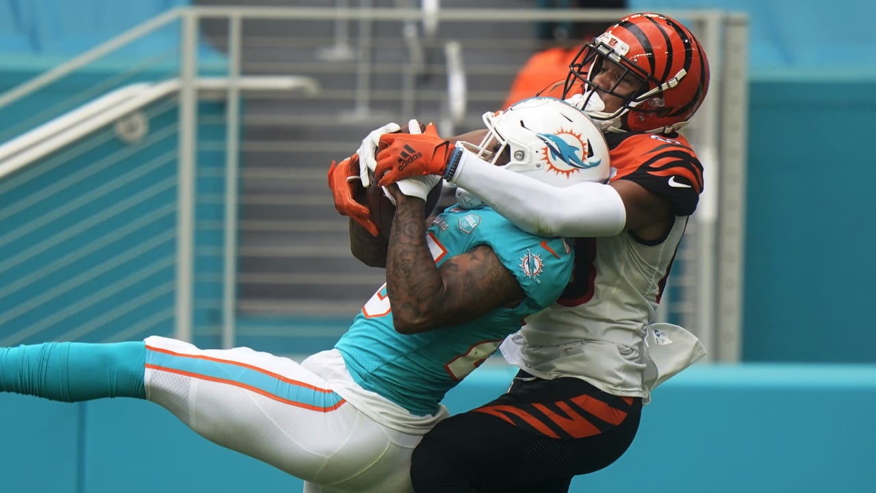 Miami Dolphins cornerback Xavien Howard leaps, brings down his eighth interception this season