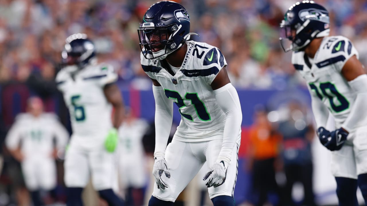 Seattle Seahawks defensive back Devon Witherspoon lights up New York Giants  wide receiver Parris Campbell in backfield for sixth tackle of first half