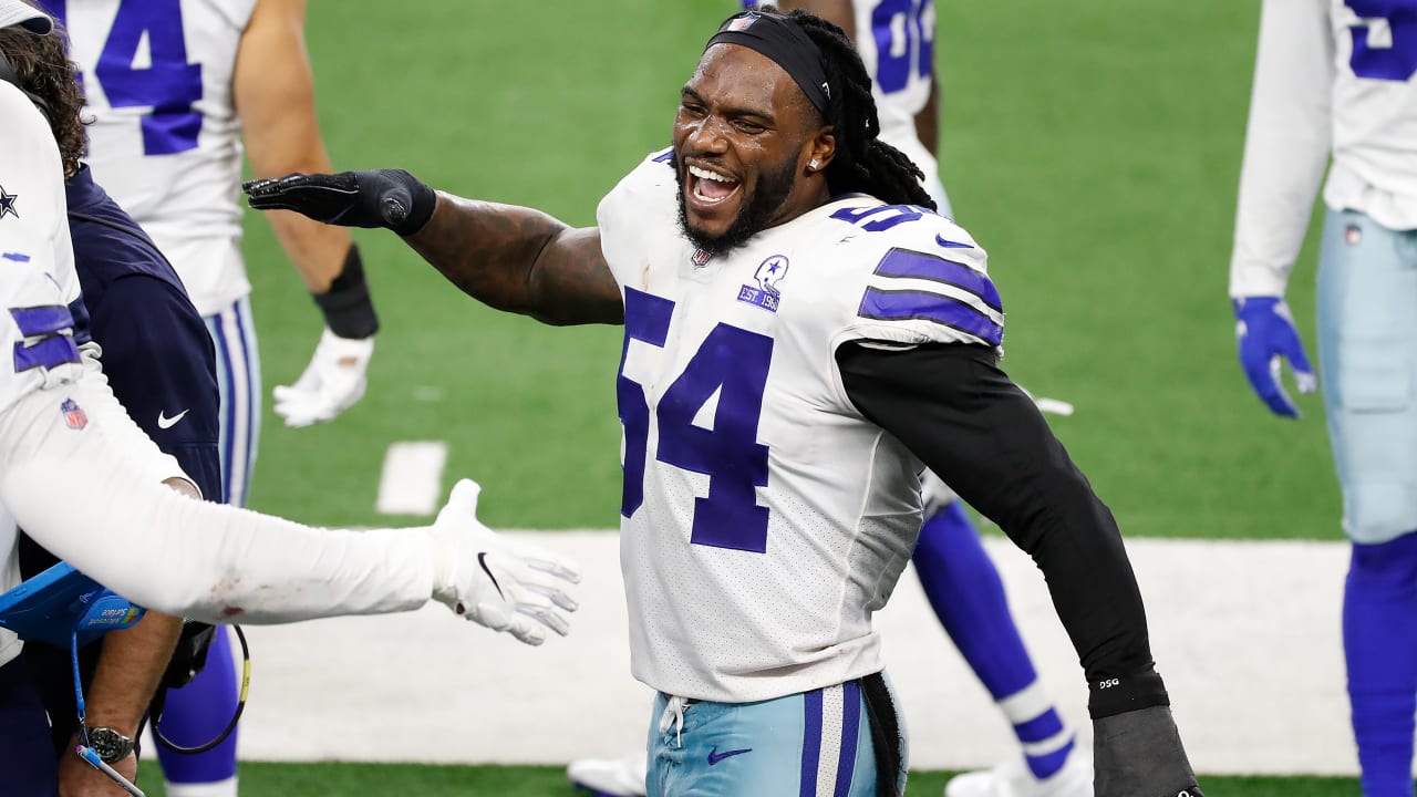 November 22, 2018:.Dallas Cowboys linebacker Jaylon Smith (54) celebrates  as he makes a great play during an NFL football game between the Washington  Redskins and Dallas Cowboys at AT&T Stadium in Arlington