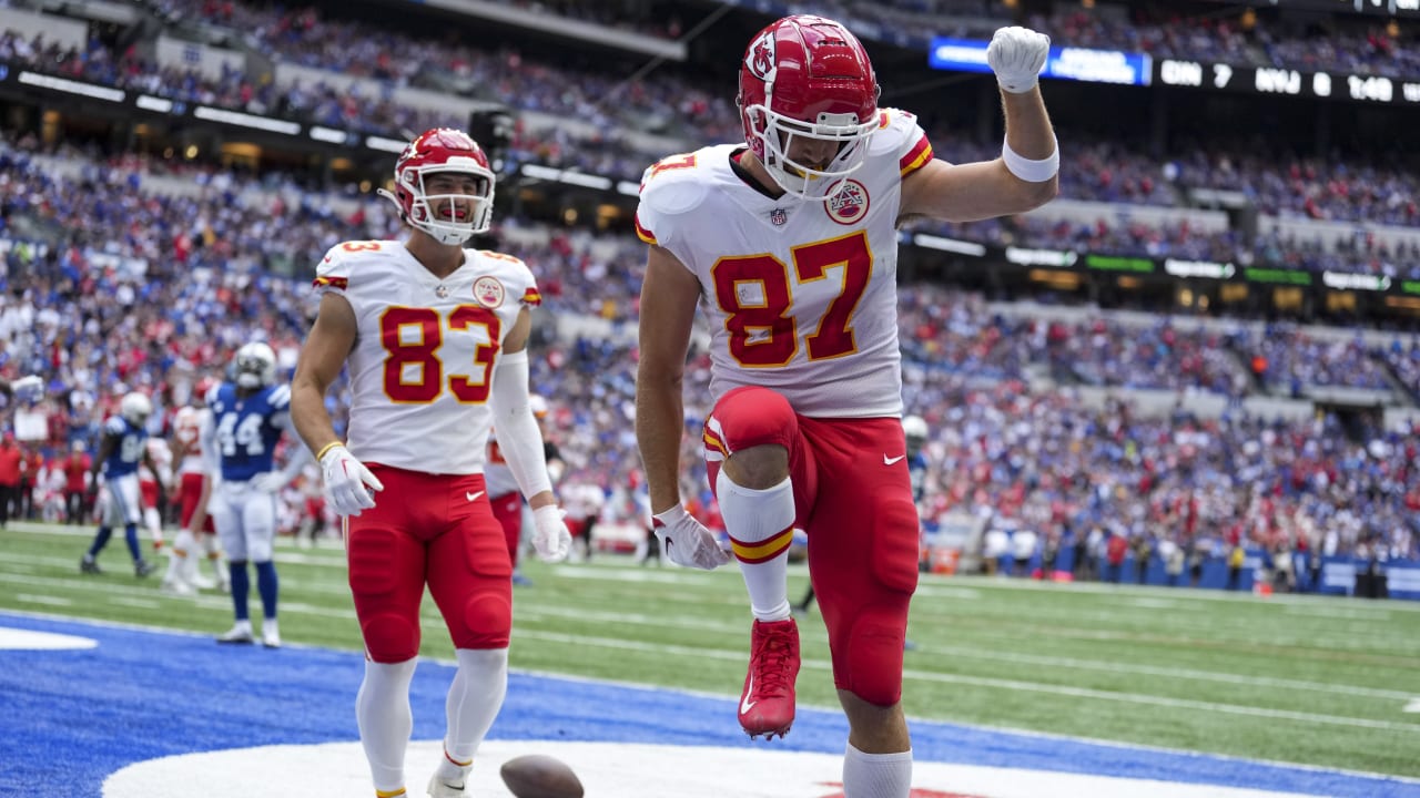 Kansas City Chief's Travis Kelce dances along side teammage Andrew