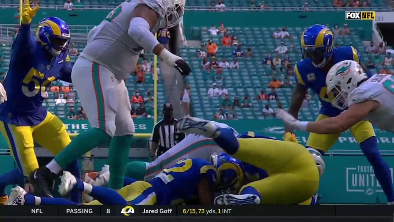 Los Angeles Rams safety Taylor Rapp knocks the ball loose for a huge ...
