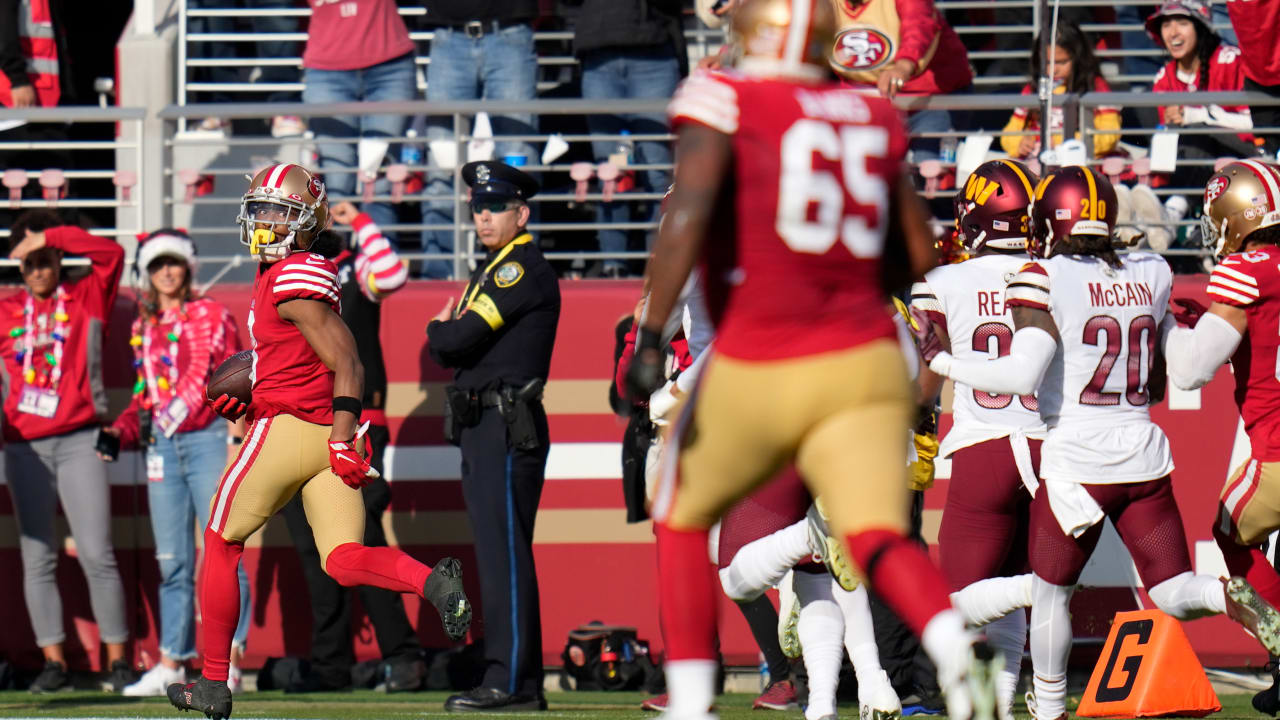 San Francisco 49ers wide receiver Ray-Ray McCloud III (3) celebrates after  a touchdown in the first quarter against the Kansas City Chiefs during an  NFL football game, Sunday, Oct. 23, 2022 in