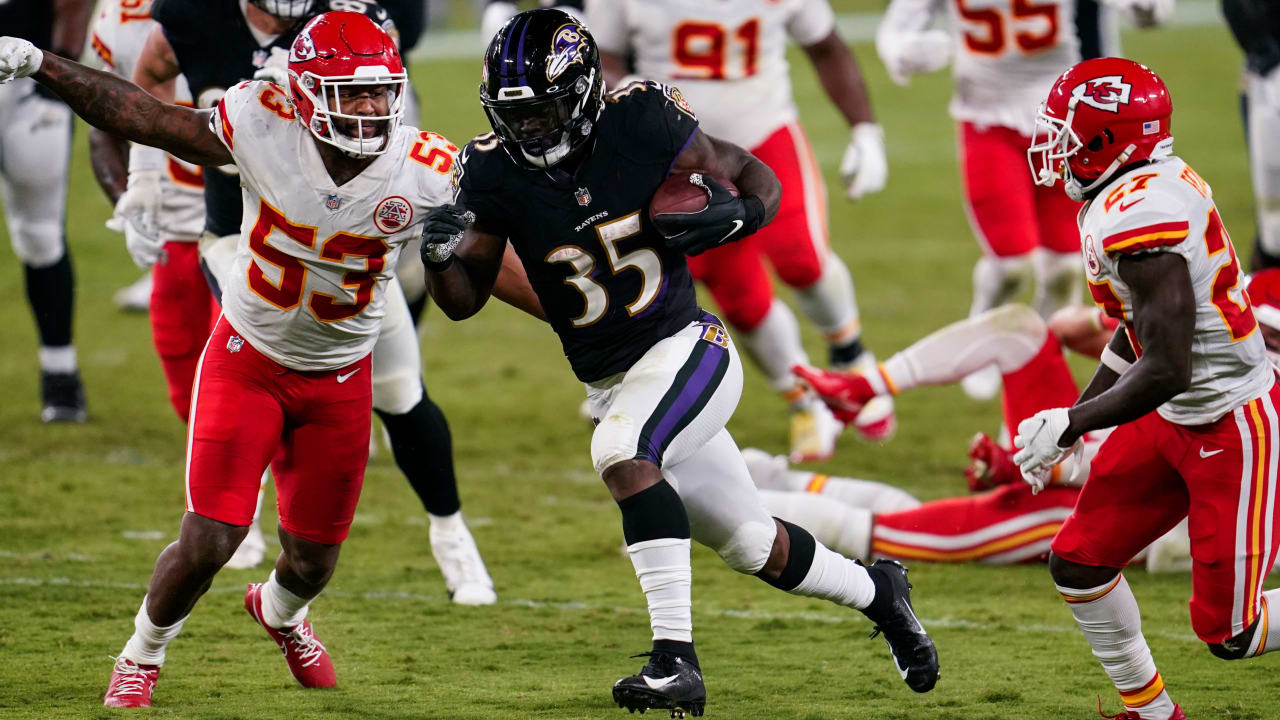 Baltimore Ravens running back Gus Edwards gets rolling 