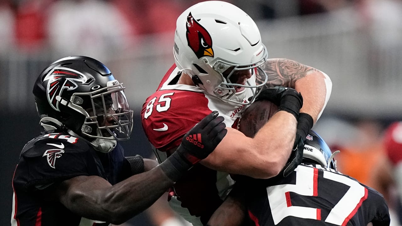 Arizona Cardinals tight end Trey McBride stumbles past goal line for