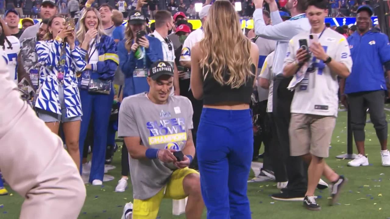 Los Angeles Rams player Taylor Rapp proposes after Super Bowl LVI