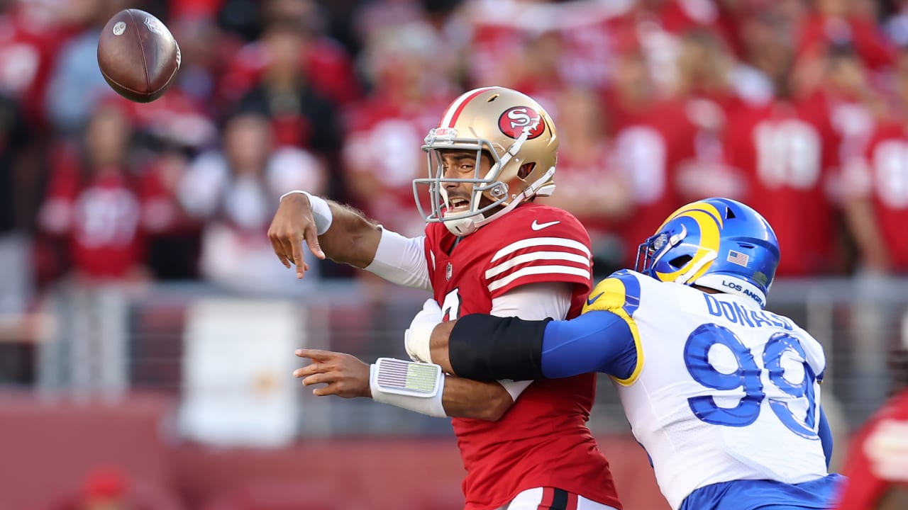 Los Angeles Rams defensive lineman Aaron Donald (99) against the San  Francisco 49ers in an NFL football game, Sunday, Oct. 30, 2022, in  Inglewood, Calif. The 49ers won 31-14. (AP Photo/Jeff Lewis