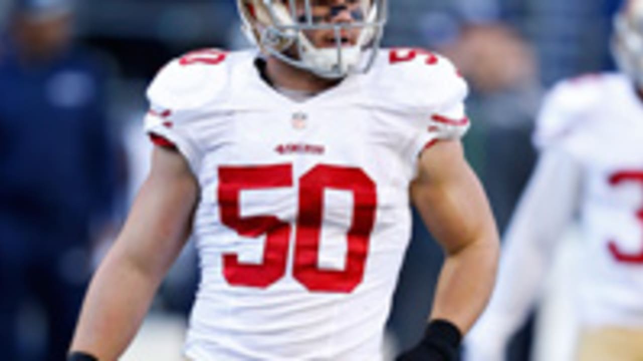 San Francisco 49ers inside linebacker Chris Borland (50) against the  Oakland Raiders during an NFL game at O.com Coliseum in Oakland, Calif. on  Sunday, Dec. 7, 2014. (AP Photo/Michael Zito Stock Photo 