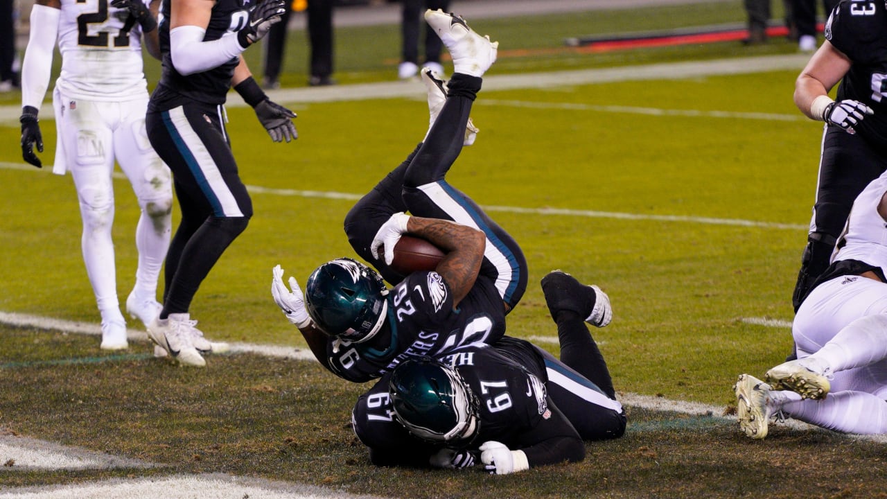 Eagles running back Miles Sanders bowls into the end zone for his second touchdown of the day