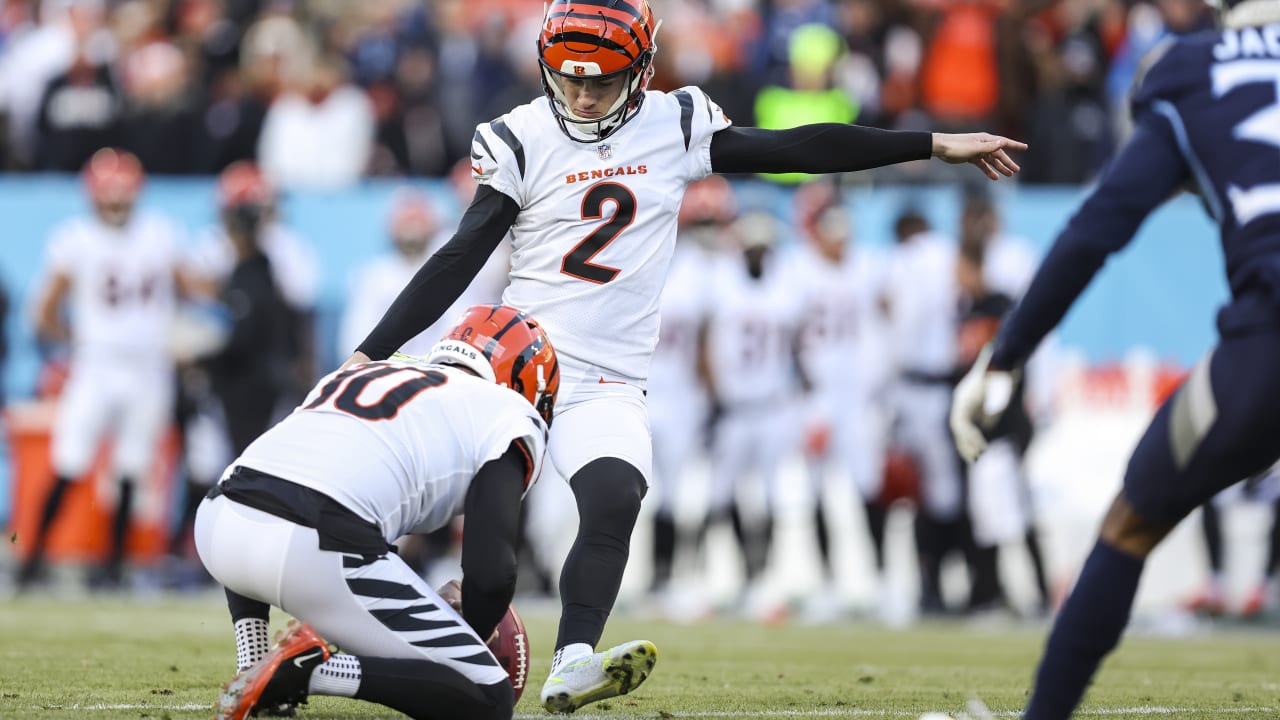 Cincinnati Bengals kicker Evan McPherson watches as his field goal gives  the Bengals a 24-21 le …