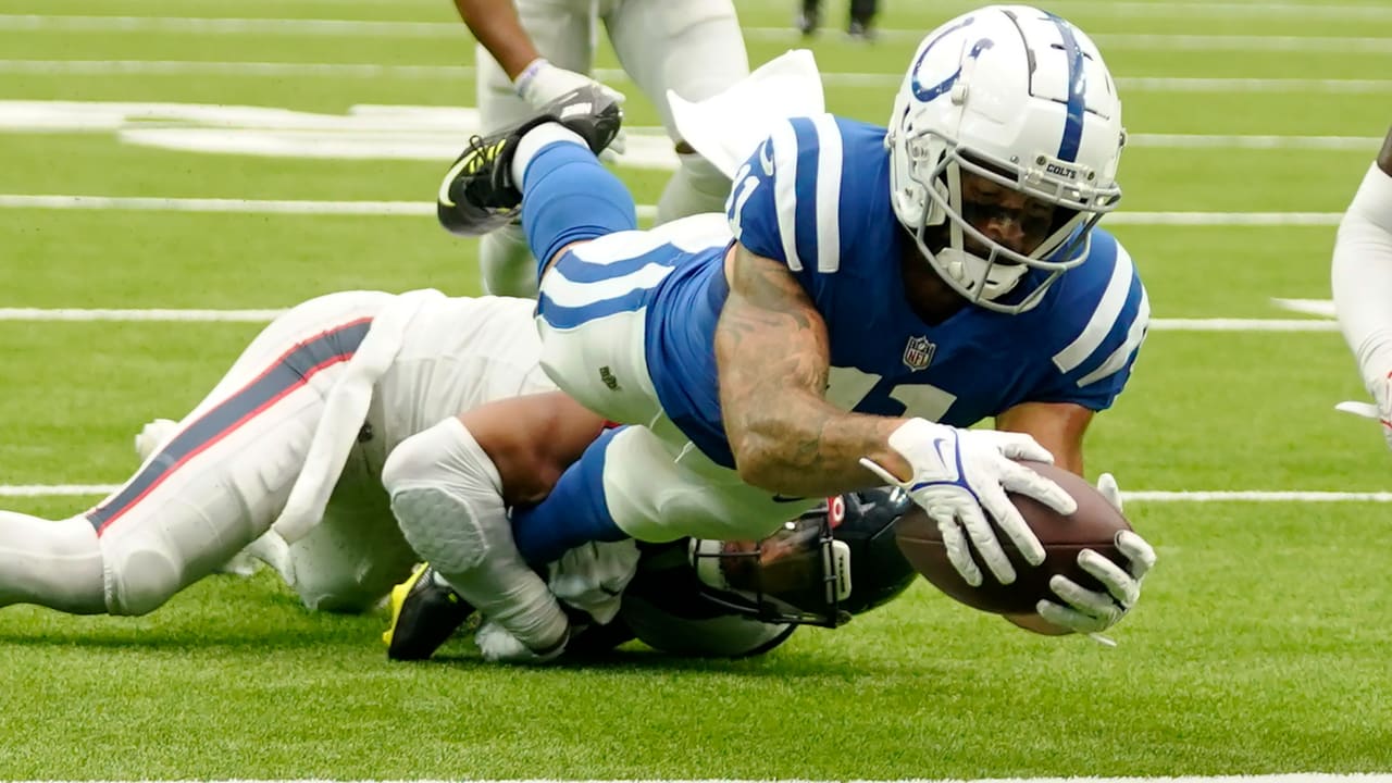 Indianapolis, Indiana, USA. 17th Oct, 2021. Indianapolis Colts tight end Mo  Alie-Cox (81) and Indianapolis Colts wide receiver Michael Pittman (11)  celebrate touchdown during NFL football game action between the Houston  Texans