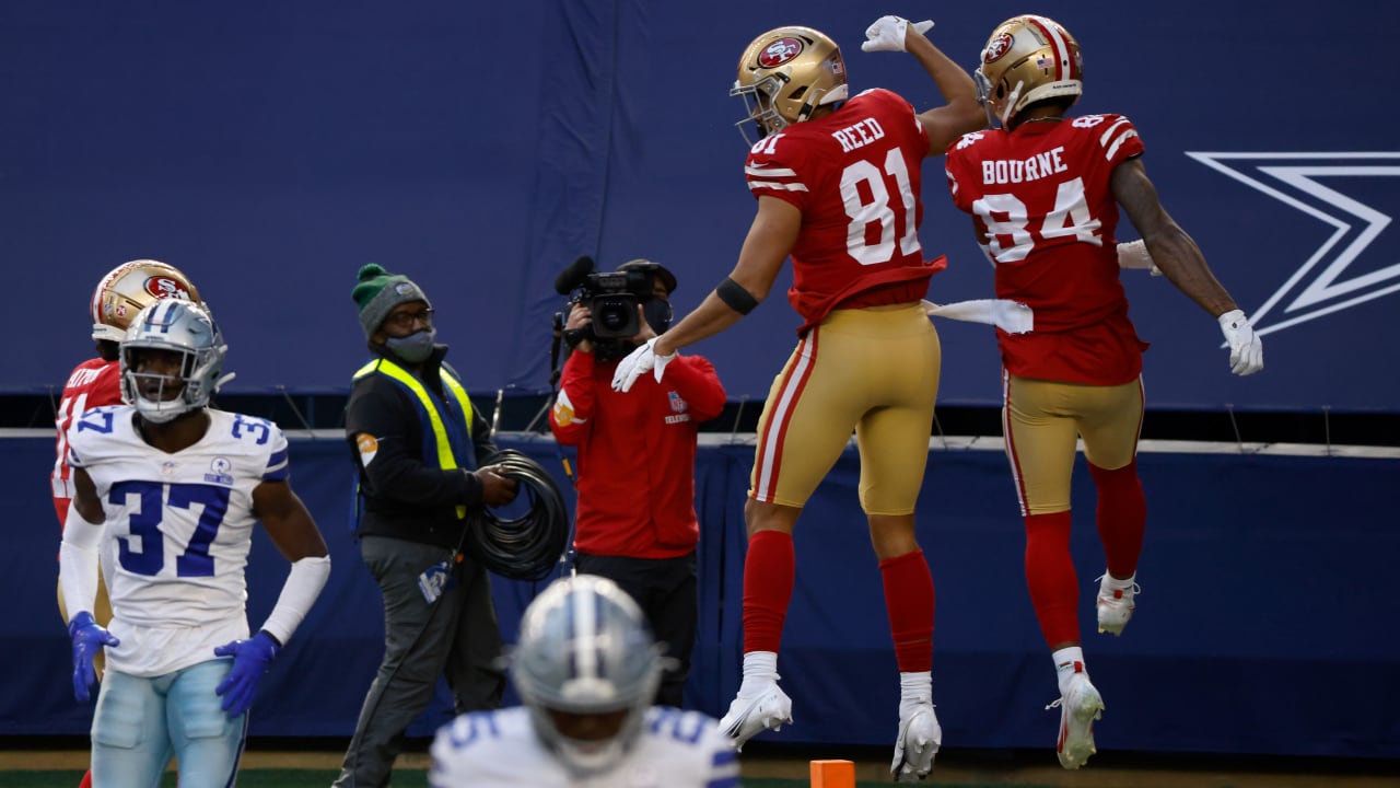 San Francisco 49ers tight end Jordan Reed wears a logo for Salute