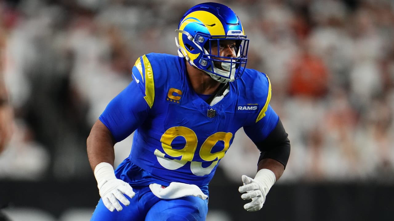 Inglewood, California, USA. 13th Feb, 2022. Los Angeles Rams defensive  tackle Aaron Donald (99) celebrates his game winning sack of Cincinnati  Bengals quarterback Joe Burrow (9) during Super Bowl 56 LVI NFL