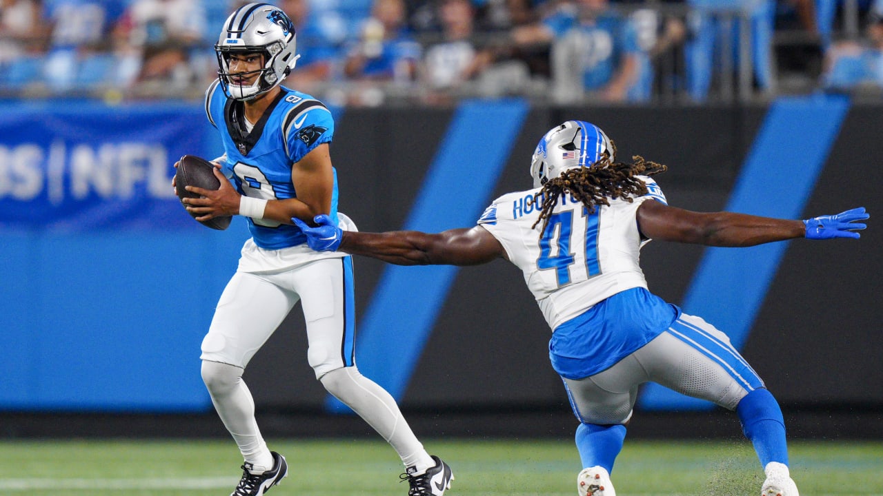 Carolina Panthers quarterback Bryce Young lays wicked juke on Detroit Lions  linebacker James Houston, turning would-be sack into gain