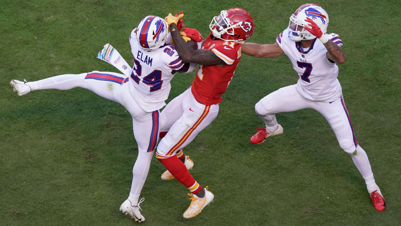 Buffalo Bills cornerback Kaiir Elam wrestles ball away from Kansas City  Chiefs wide receiver Marquez Valdes-Scantling for end-zone INT