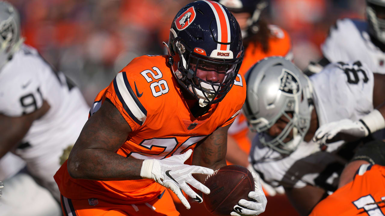 Denver Broncos running back Latavius Murray (28) walks on the sidelines  before the second half of an NFL football game against the Tennessee Titans  Sunday, Nov. 13, 2022, in Nashville, Tenn. (AP