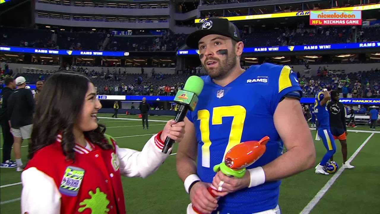 Los Angeles Rams quarterback Baker Mayfield reacts to winning
