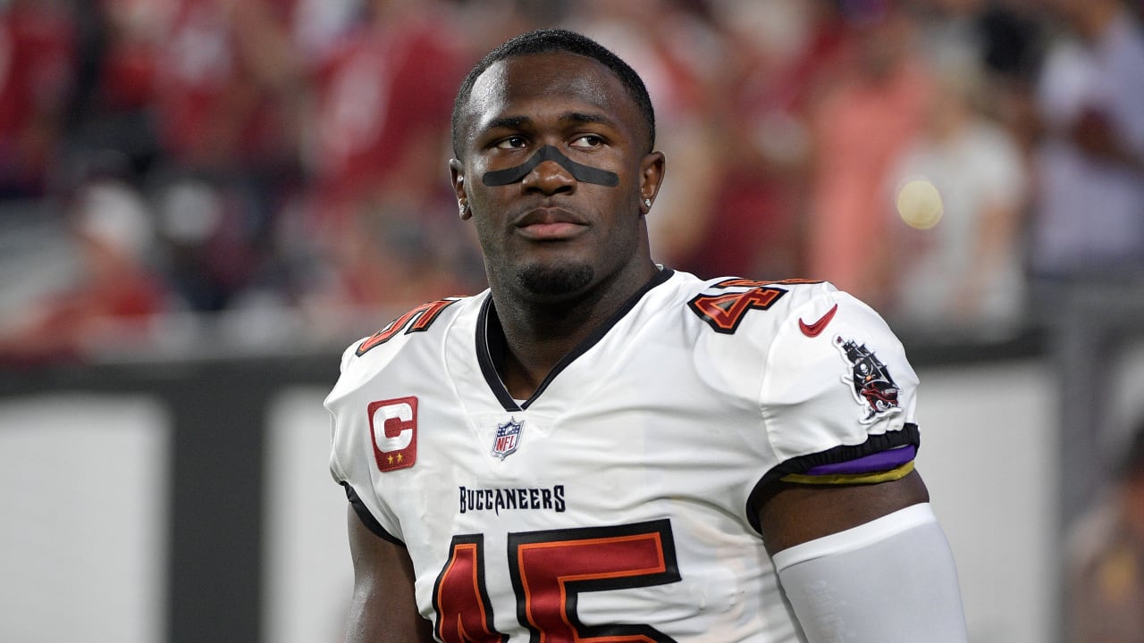 Tampa Bay Buccaneers linebacker Devin White (45) leaves the field after an  NFL football game against the Minnesota Vikings, Sunday, Sept. 9, 2023 in  Minneapolis. Tampa Bay won 20-17. (AP Photo/Stacy Bengs