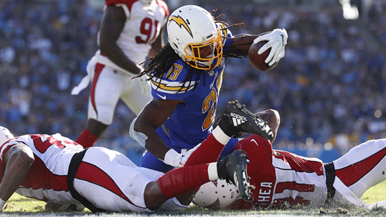 Nov 11 2018 - Oakland CA, U.S.A Chargers quarterback Philip Rivers (17) game  stats 18/26 223 yards band 2 touchdown looks for the deep pass during the  NFL football game between Los