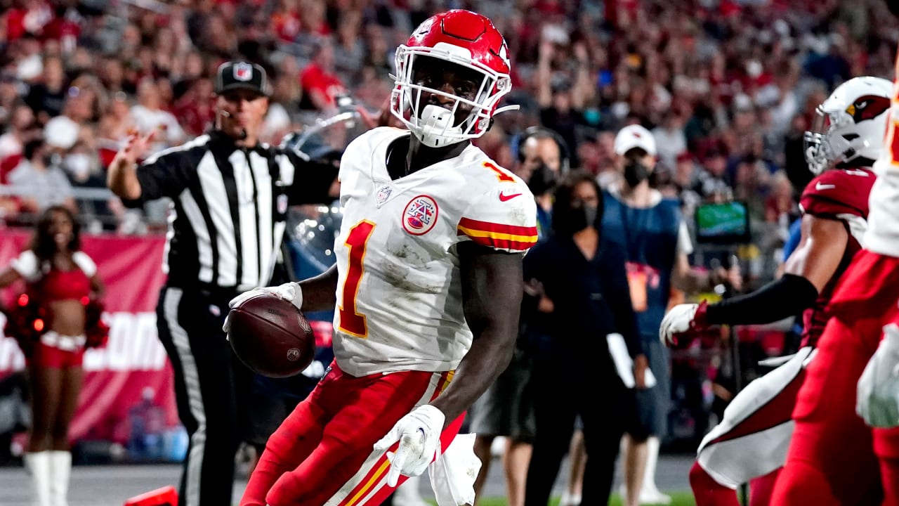 Kansas City Chiefs running back Jerick McKinnon (1) celebrates with  teammates after a Chiefs touchdown against the Las Vegas Raiders in an NFL  football game, Saturday, Jan. 7, 2023, in Las Vegas