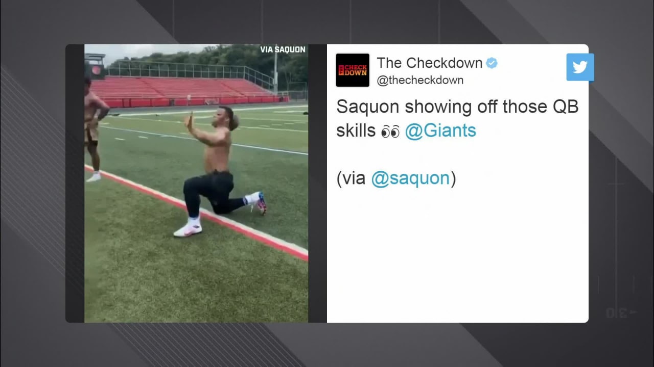 New York Giants running back Saquon Barkley shows off his arm on goal