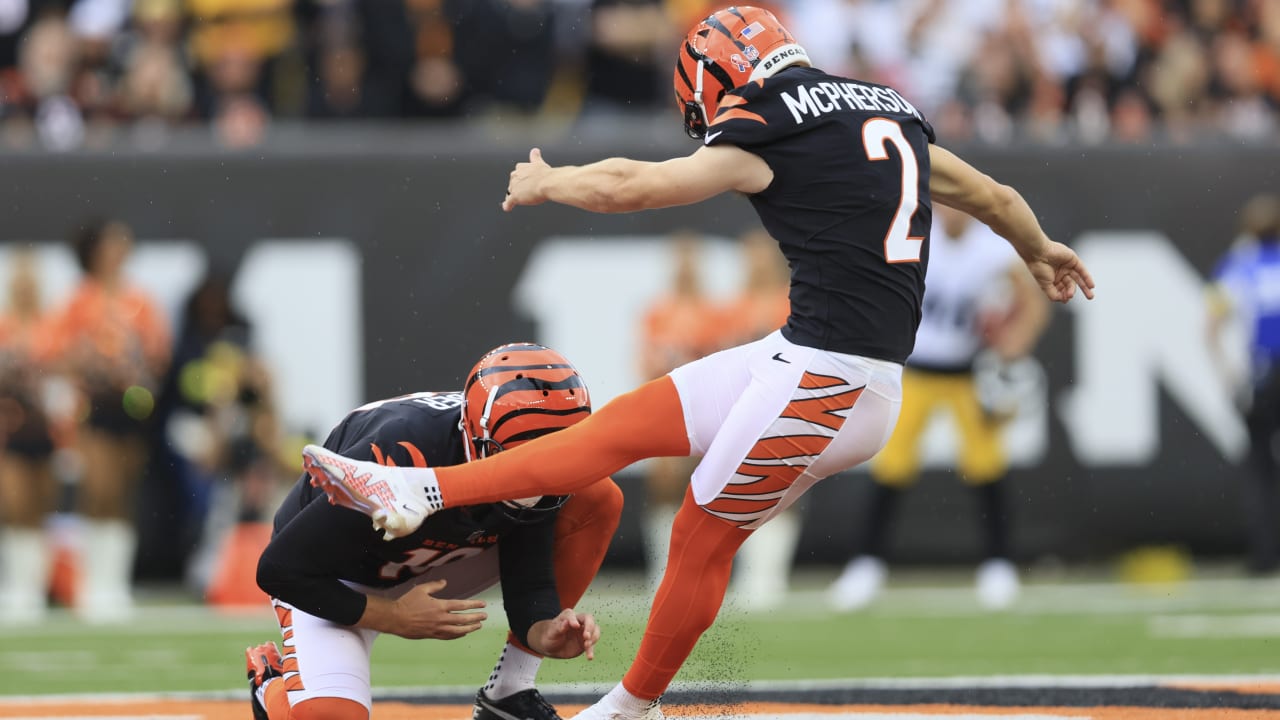 Cincinnati Bengals kicker Evan McPherson (2) runs off the field after an  NFL football game against the New York Jets, Sunday, Oct. 31, 2021, in East  Rutherford, N.J. (AP Photo/Adam Hunger Stock