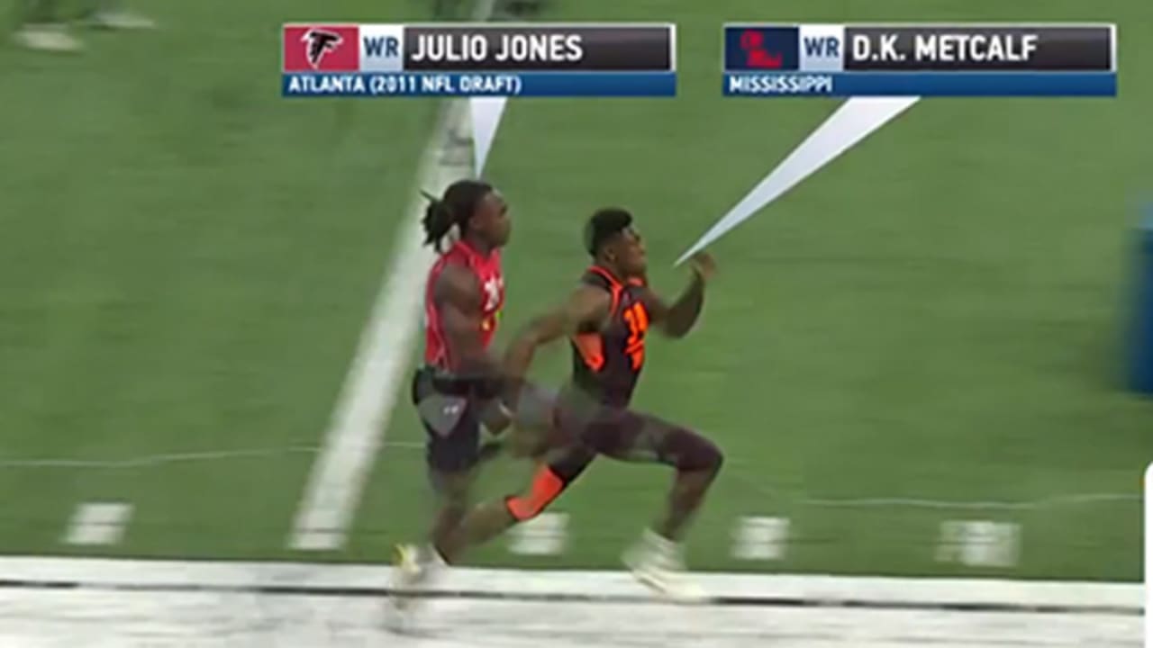 Simulcam: Ole Miss wide receiver D.K. Metcalf pulls away from Atlanta  Falcons wide receiver Julio Jones on absurdly fast 40-yard