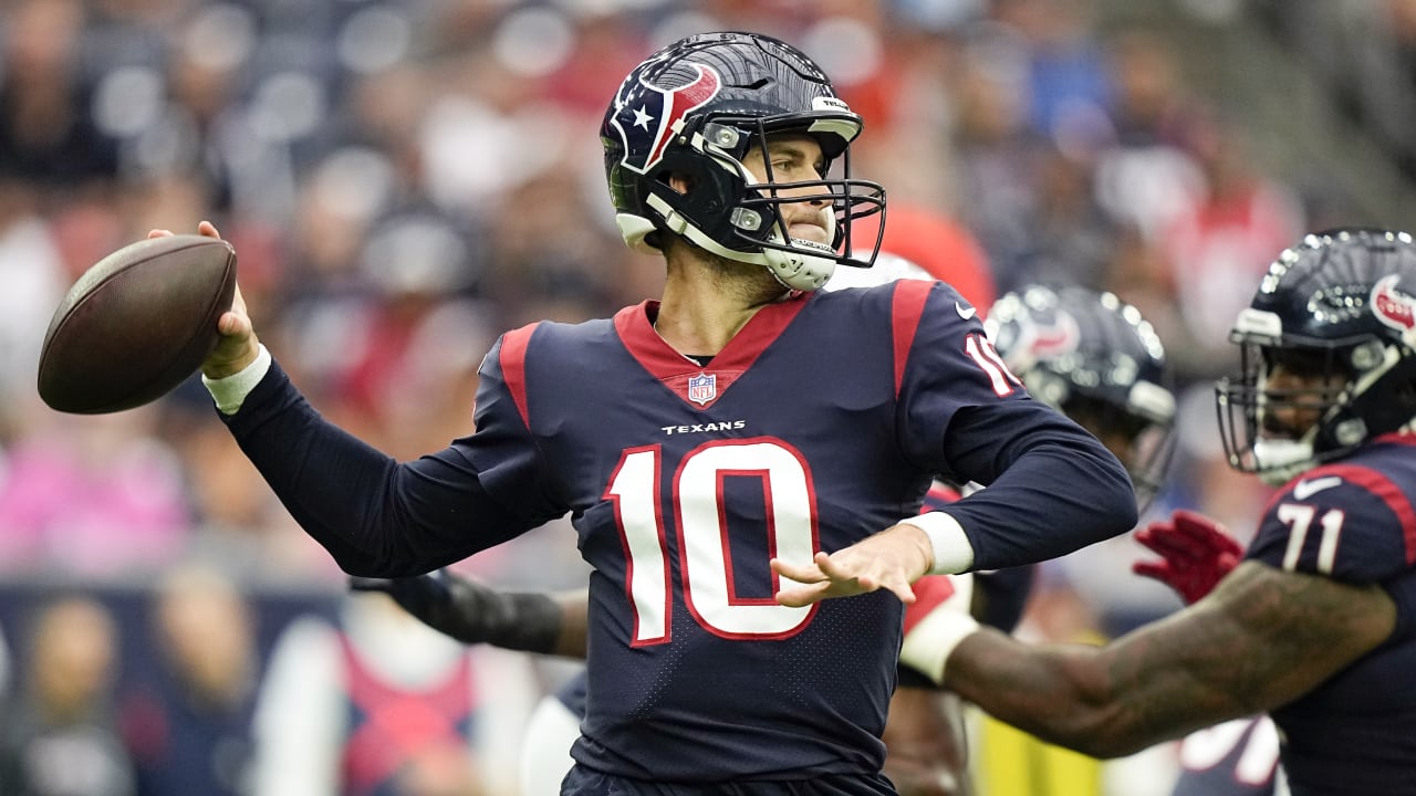 Houston Texans quarterback Davis Mills (10) calls signals during the second  quarter of the NFL Football Game between the Tennessee Titans and the  Houston Texans on Sunday, October 30, 2022, at NRG