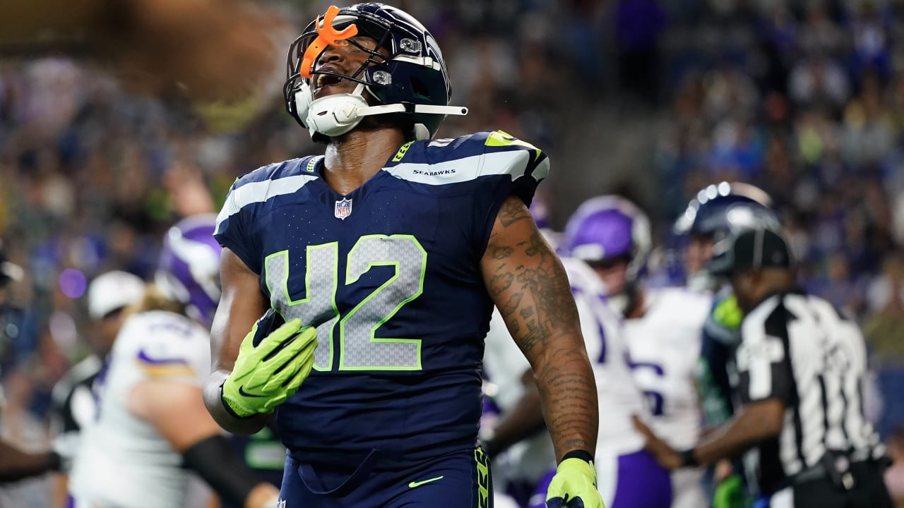 Seattle Seahawks defensive end Jordan Ferguson takes down Minnesota Vikings  rookie quarterback Jaren Hall for a 5-yard sack