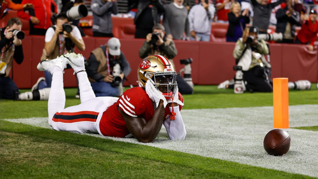 Deebo Samuel of the San Francisco 49ers reacts to a first down