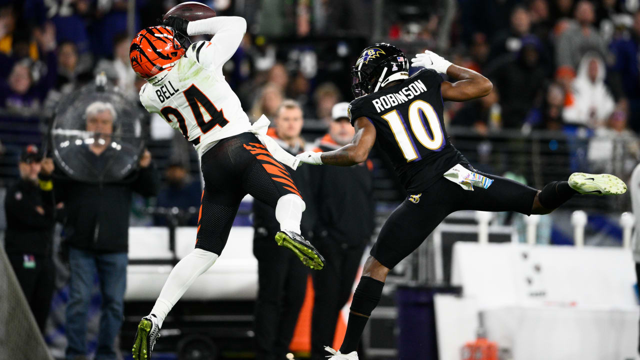 Cincinnati Bengals defensive back Vonn Bell intercepts Baltimore Ravens  quarterback Lamar Jackson's overthrown pass to Ravens wide receiver  Demarcus Robinson