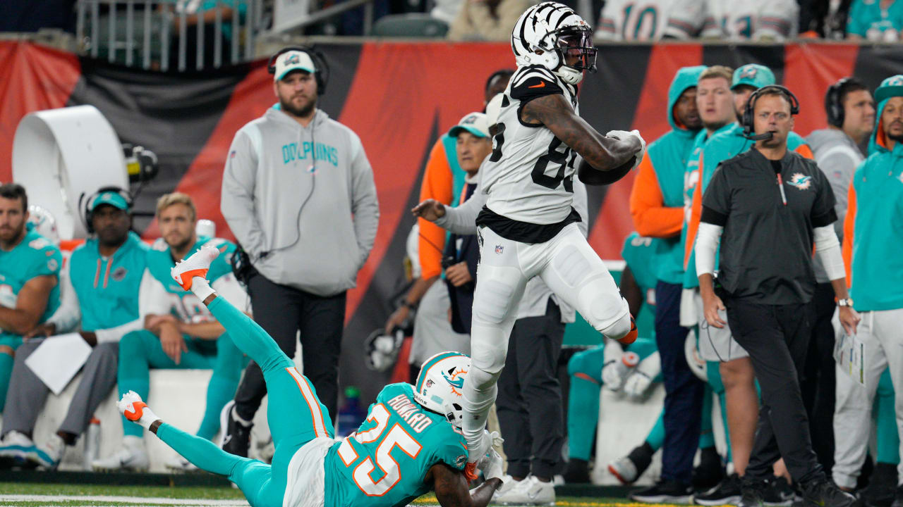 Tee Higgins leaps for touchdown catch from Joe Burrow in end zone